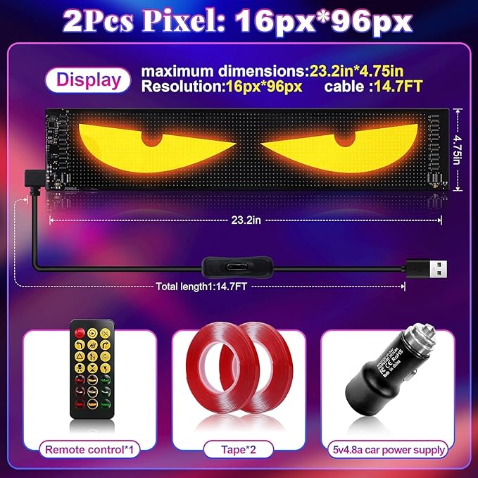 2PC 5800 Lux High-Brightness Devil Eyes LED Light Strips for Cars/Trucks/SUVs - 23.6"x4.73" Customizable Windshield Decoration with App Control, IP68 Waterproof, USB-Powered