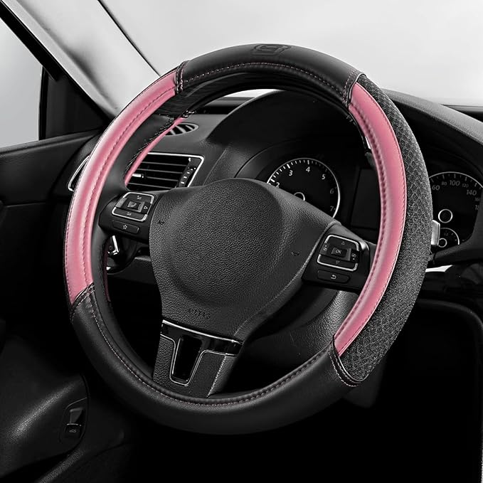 Skechers Air-Cooled Steering Wheel Cover,Leather Car Steering Wheel Cover Universal Fit 14" 1/2-15" Car Wheel Protector for Men Women Fit Suvs,Vans,Sedans,Car,Trucks,Pink