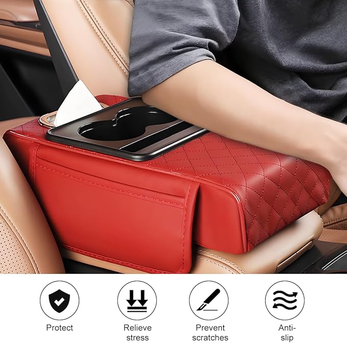 Car Armrest Cushion, 5-in-1 Nappa Leather Vehicle Centre Console Cover with 2 Storage Pockets, Cup Phone & Phone Holder, Multifunctional Auto Organiser Accessories, Universal Fit (Wine Red)