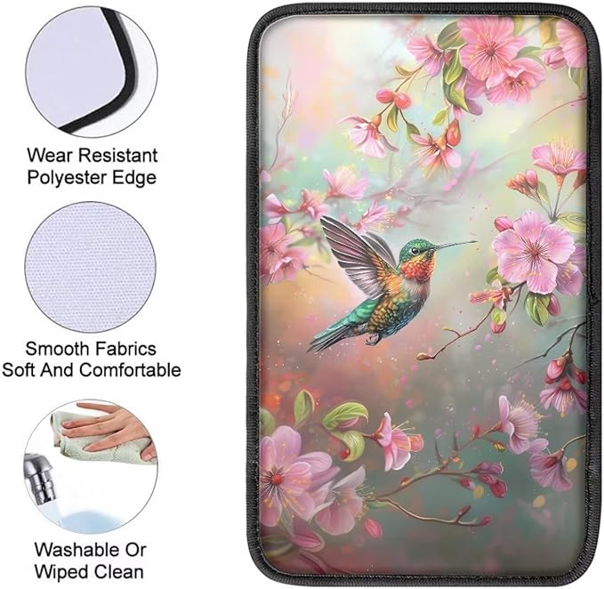 Flower Hummingbird Car Center Console Cover Armrest Pad Cover Universal Car Arm Rest Seat Storage Box Mat Non Slip Interior Accessories