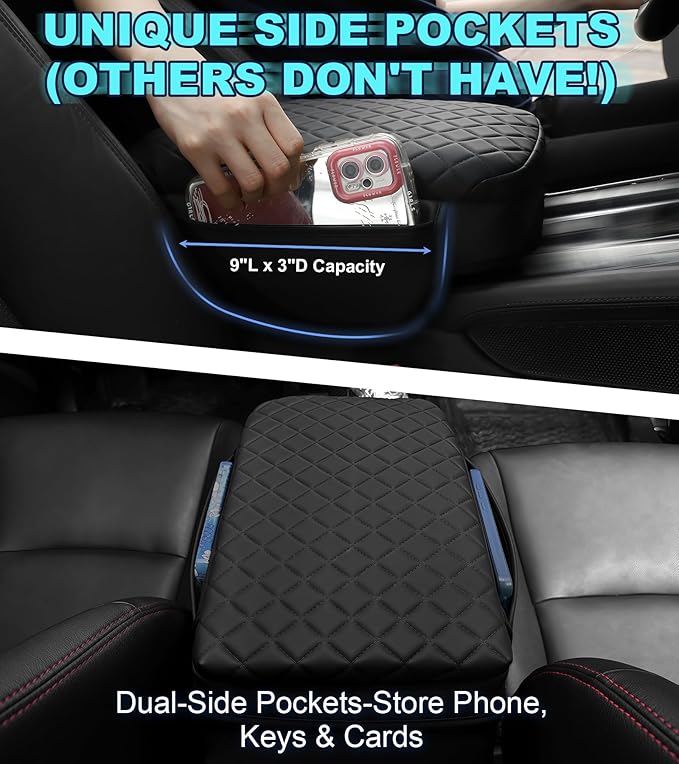 Armrest Cover for Ford Maverick 2022 2023 2024 2025 Center Console Pad with Organizer Storage Pockets, Black Faux Leather Arm Rest Lid Protector Cushion Interior Accessories
