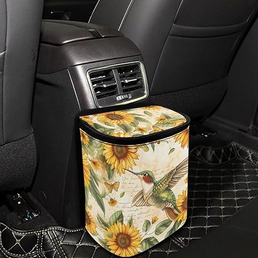 BIGCARJOB Hummingbird Sunflower Car Trash Bin Hanging Accessories Storage Bag for Women Girly Cute With Lid Collapsible Reusable
