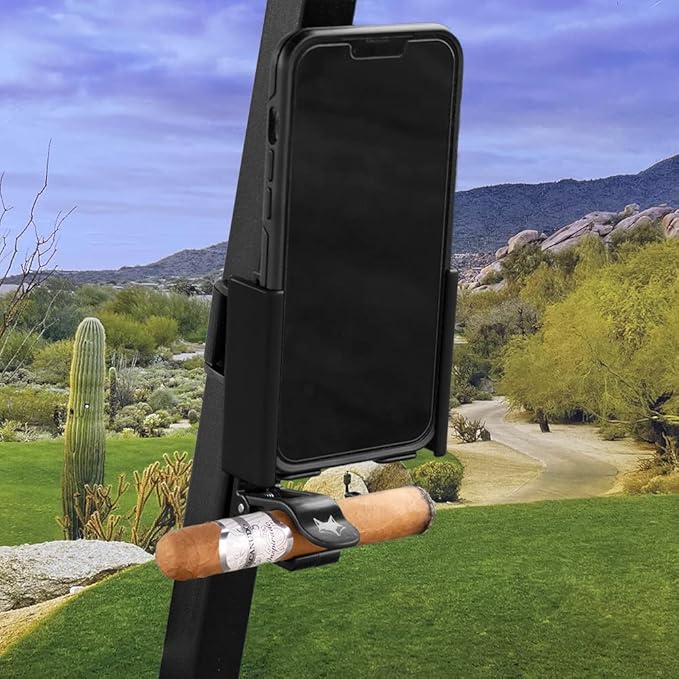 Desert Fox Golf Phone Caddy + Cigar Holder – Adjustable Golf Cart Phone Mount with Secure Cigar Clip – Hands-Free GPS & Golf App Access – Fits All Phones & Cigars (Black)