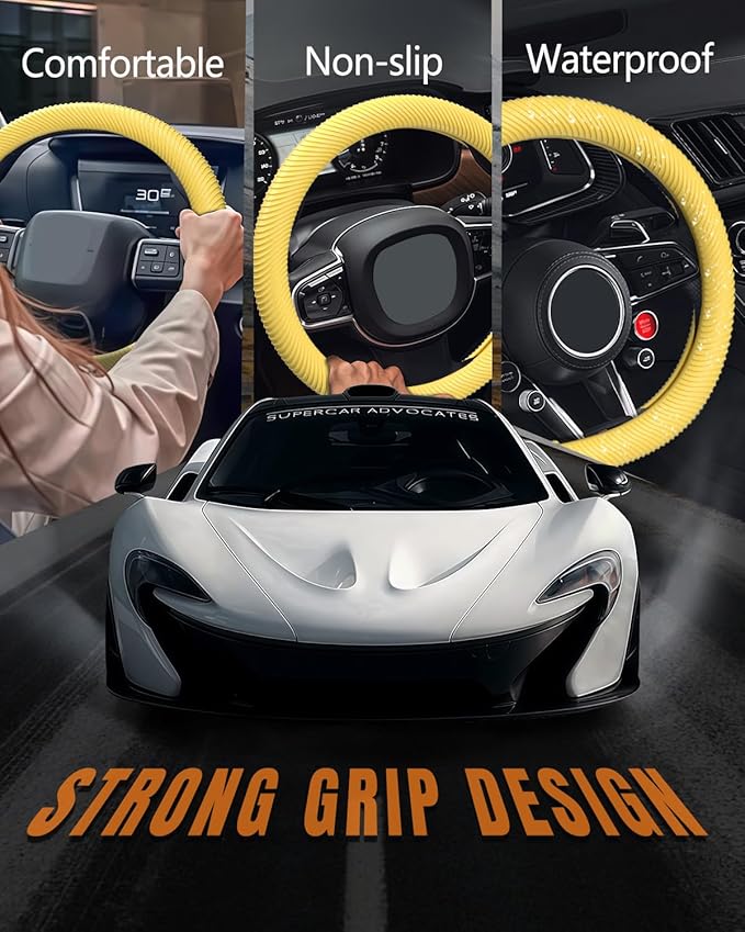 WOCOCN Car Steering Wheel Cover, Thin Anti-Skid Silicone Steering Wheel Cover for Men & Women, Universal Automotive Interior Accessories for Most Cars (Bright Yellow)