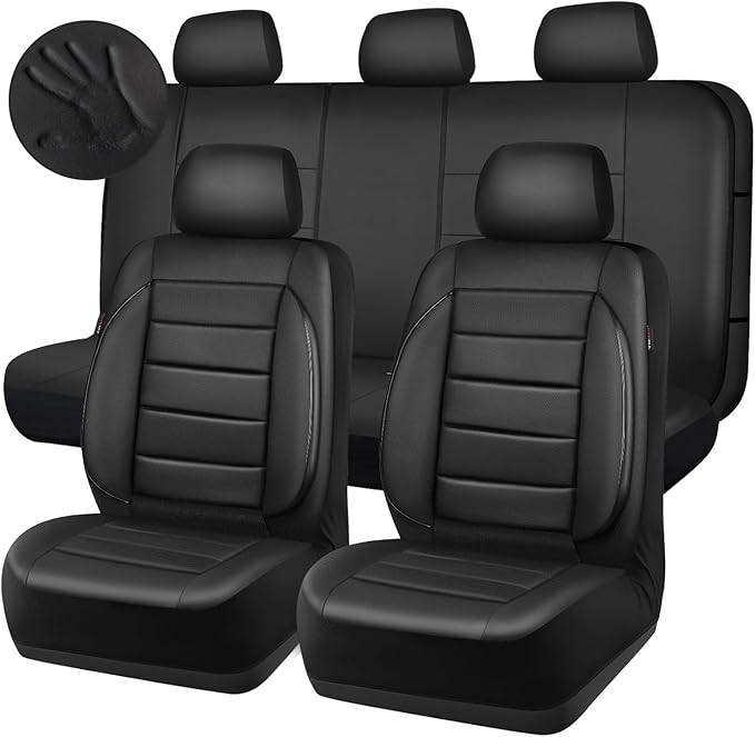 CAR PASS Leather Seat Covers Full Set Universal Water Resistant 3D Foam Back Support, Luxury Comfort Automotive 5 Seat Covers All Season Fit for SUV,Sedan,Van, Airbag Compatible Elegance(Pure Black)