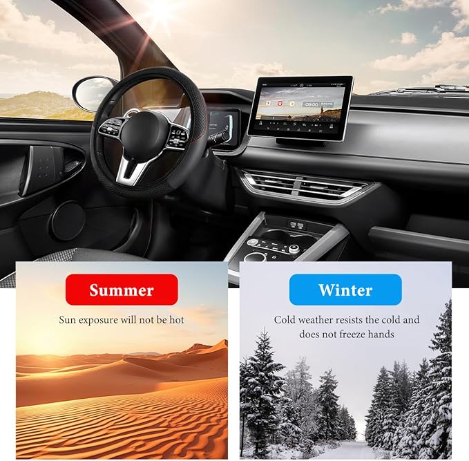 Car Steering Wheel Cover, 15 Inch Anti-Slip Stretch Leather Steering Wheel Protector, Comfortable Breathable Sporty Steering Wheel Cover for Women Men, Car Accessories (Black, AD)
