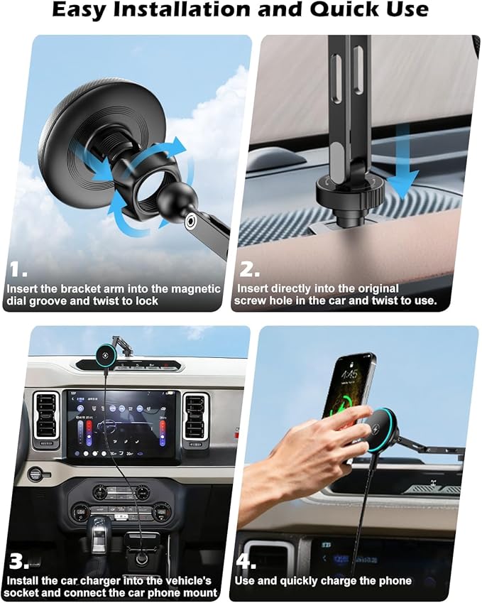 CloudValley 15W Magnetic Wireless Car Charger Phone Mount for Ford Bronco 2021-2026 2/4 Door Badlands, Off-Road Stable Dash Phone Holder with 360° Adjustable Aluminum Alloy, No Drill Install