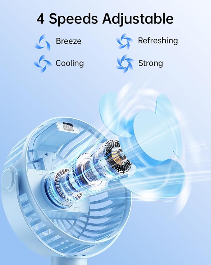 SWEETFULL Portable Stroller Fan with LED Display, 4 Speed Rechargeable Mini Clip On Fan, 360° Rotate Flexible Tripod Better Cooling Small Baby Fan for Car Seat Crib Travel Bike Treadmill (Blue)