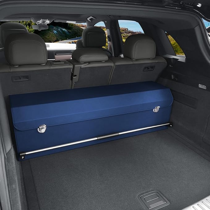 Car Trunk Organizer, Leather Trunk Organizer for Suv with Lid and Push-pull Handle Car Trunk Leather Storage Box Extra Large Cargo Storage (Blue, 41.3 x 11.4 x 12.2in)