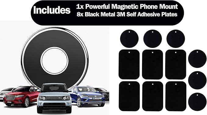 Magnetic Phone Mount for Car [Powerful Magnet] With [8 Pack] 3M Black Metal Plates Phone Holder for Car, Universal Magnetic Phone Mount Holder for Phones and Mobile Devices. (Black & Silver)