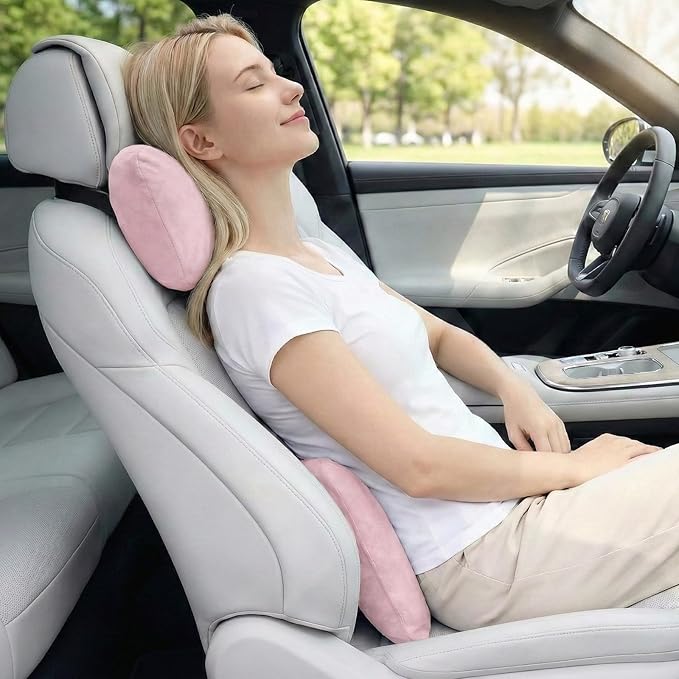 2PCS Car Pillow for Car Neck Pillow for Driving Seat Neck Support Soft Cushion Back Support Head-Rests for Vehicle Sleeping with Elastic Adjustment Strap (Light Pink, Head and Lumbar)