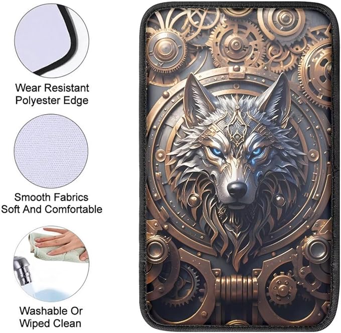 Wolf Print Armrest Cover Pad for Car Non Slip Decorative Center Console Cushion Scratch Proof Car Armrest Box Protector Cover