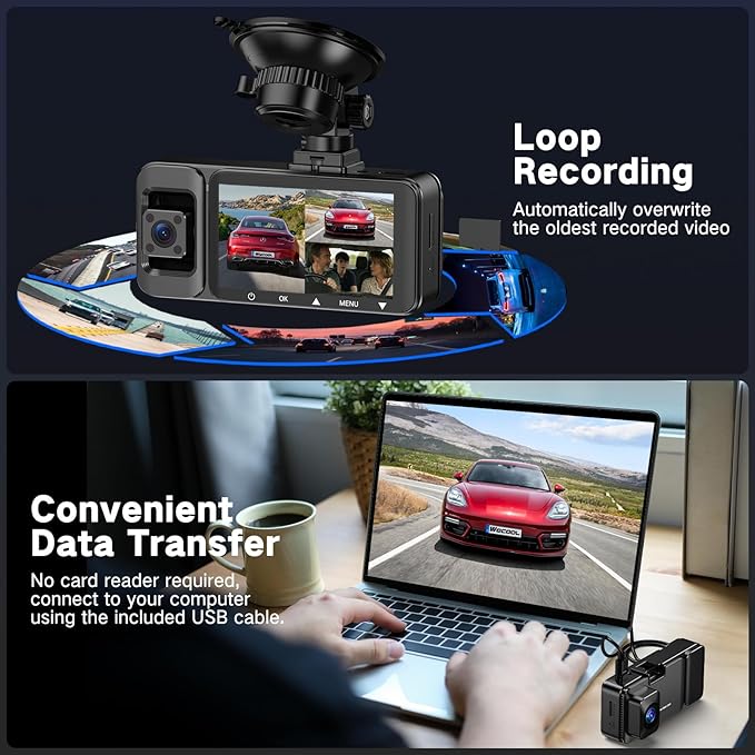 Dash Cam 3 Channel Front and Rear and Inside, 4K UHD 360 Dash Camera for Cars with 64GB Card, Car Cameras Dash Cam with, 5GHz WiFi, G-Sensor, Loop Recording, 24H Parking Monitor, Night Vision