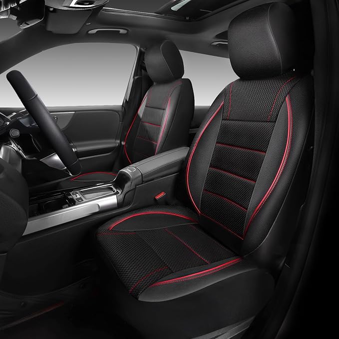 CAR PASS Air Mesh Leather Car Seat Covers Front Seats, Breathable Two Front Seat Covers for Cars, Comfortable Universal Fit for SUV Truck Sedan Automotive, Anti-Slip Airbag Compatible,Black and Red