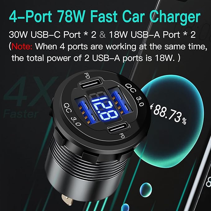 4 Port 12V USB Outlet Aluminum Car Charger with Voltmeter, 78W Fast Charge Dual PD3.0 & QC3.0 Multiple USB Port for Car, Marine USB C Socket Cigarette Lighter Replacement Waterproof 12 Volt Outlet