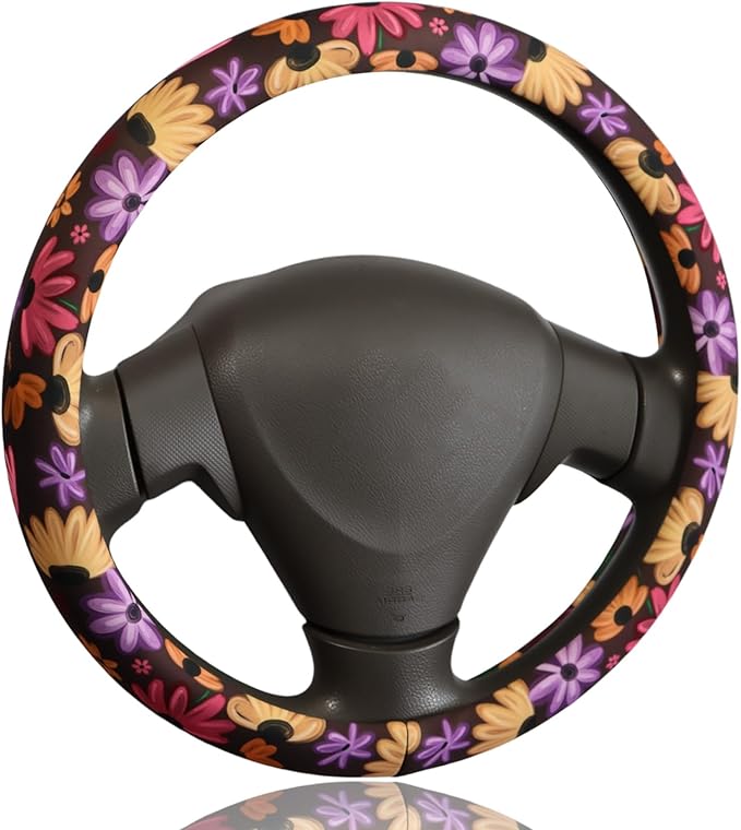 Piano Flower Steering Wheel Cover for 14.5-15 Inch Wheels, Premium Fabric with Non-Slip Rubber Inner Ring (Piano Flower)