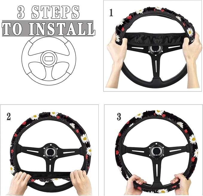 AFPANQZ Cute Daisy Pattern Steering Wheel Cover for Women Sweat Absorbing Non-Slip Steering Wheel Protection Case Machine Washable Universal White Flower on Black