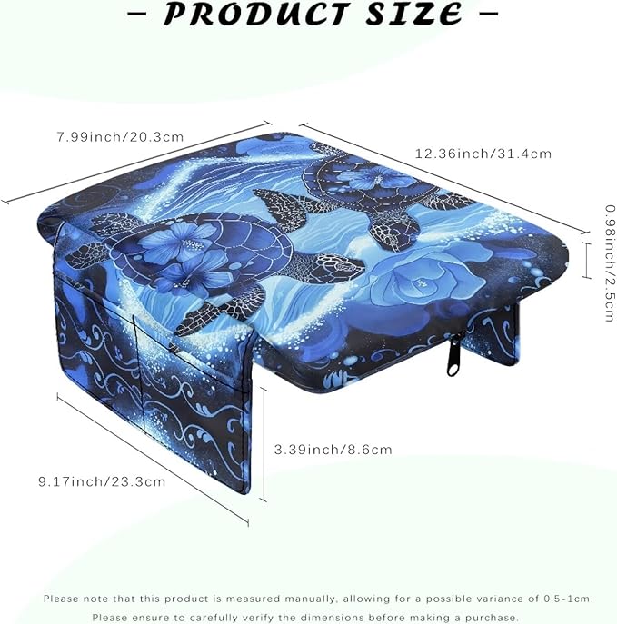Wanyint Sea Turtle Hibiscus Car Center Console Cover Soft Armrest Cover Cushion with Pockets Storage Bag Scratch Resistant Arm Rest Covering Middle Console Pad Car Decor