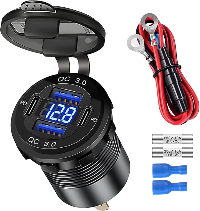 4 Port 12V USB Outlet Aluminum Car Charger with Voltmeter, 78W Fast Charge Dual PD3.0 & QC3.0 Multiple USB Port for Car, Marine USB C Socket Cigarette Lighter Replacement Waterproof 12 Volt Outlet