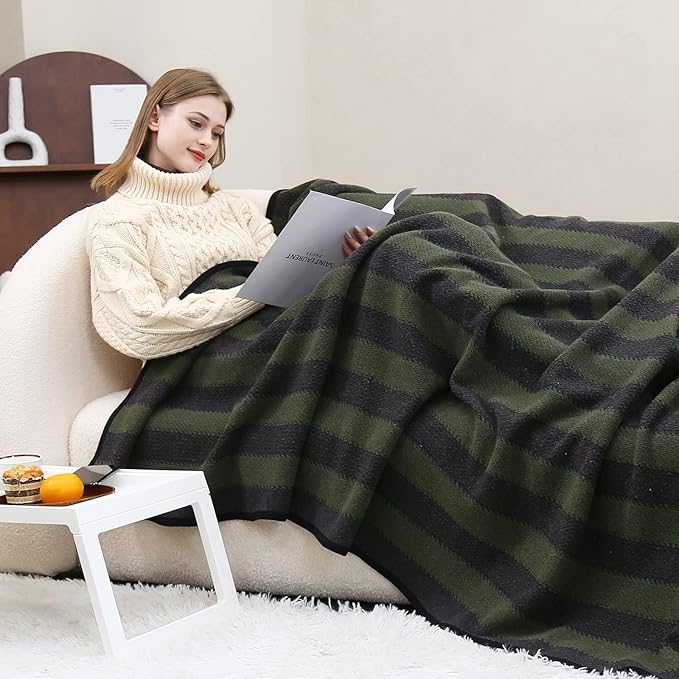 PuTian Merino Wool Blanket - 63" x 51" Thick Warm Soft Twin Bed Throw - Great for Camping, Outdoors, Travel, Car, Couch, All Seasons Green Stripe