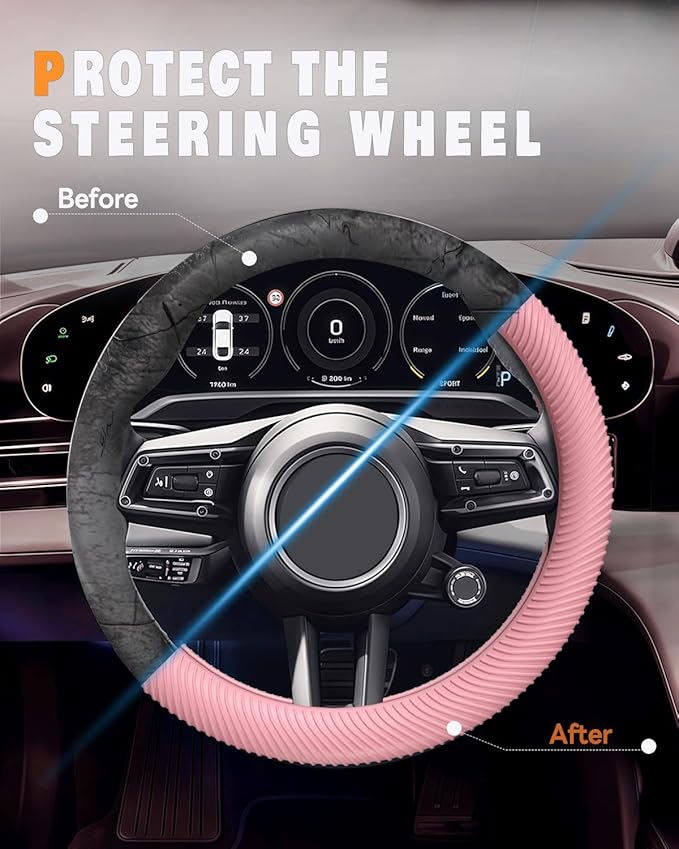 WOCOCN Car Steering Wheel Cover, Thin Anti-Skid Silicone Steering Wheel Cover for Men & Women, Universal Automotive Interior Accessories for Most Cars (Pink)
