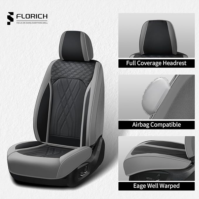FLORICH Car Seat Covers Front Seat Cover Waterproof Faux Leather Seat Covers for Cars Premium Car Seat Protector Interior Covers Cushion Universal Fit for Most Car Truck SUV, Gray&Black