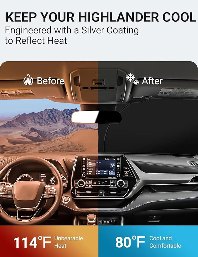 Proadsy for Toyota Highlander 2020-2025 2026 Windshield Sun Shade 4-Layer Foldable Front Sunshade Highlander L LE XLE Limited Platinum Protector Sun Visor Blocks UV Rays Keep Car Cooler