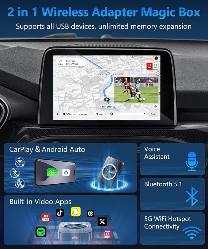 2026 CarPlay Wireless Adapter, Android Auto AI Box, Turn Car Screen into TV (Stream Netflix/YouTube), Plug & Play Magic Video Dongle, Support TF Card, Bluetooth 5.1 + WiFi Connectivity