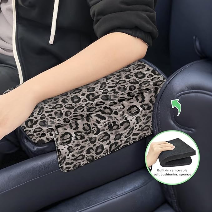 Dreaweet Grey Leopard Print Car Armrest Cover Pad Thick Center Console Cover with Pockets Cheetah Car Accessories for Women Universal Arm Rest Cover for Car Center Console for Cars