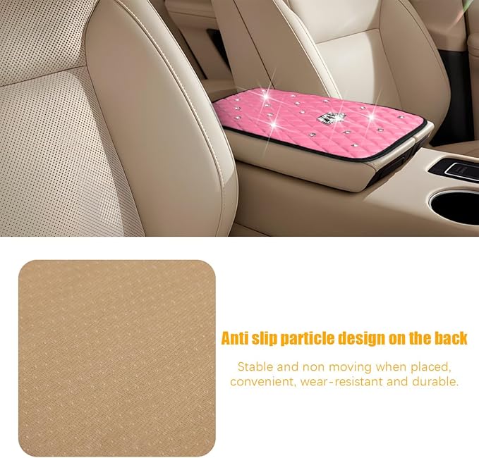 Mandark Bling Car Center Console Cover, Rhinestones Crown Vehicle Armrest Seat Box Mat Pad, Diamond Automotive Interior Arm Rest Cushion Protector Decor Accessories, Universal Fit(Pink)