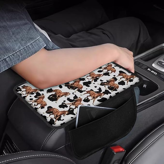 Horses Cow Spot Print Center Console Covers for Cars Wear-Resistan Vehicle Armrest Cover Pad Waterproof Box Cover Protector Armrest Cover Center Console Pad