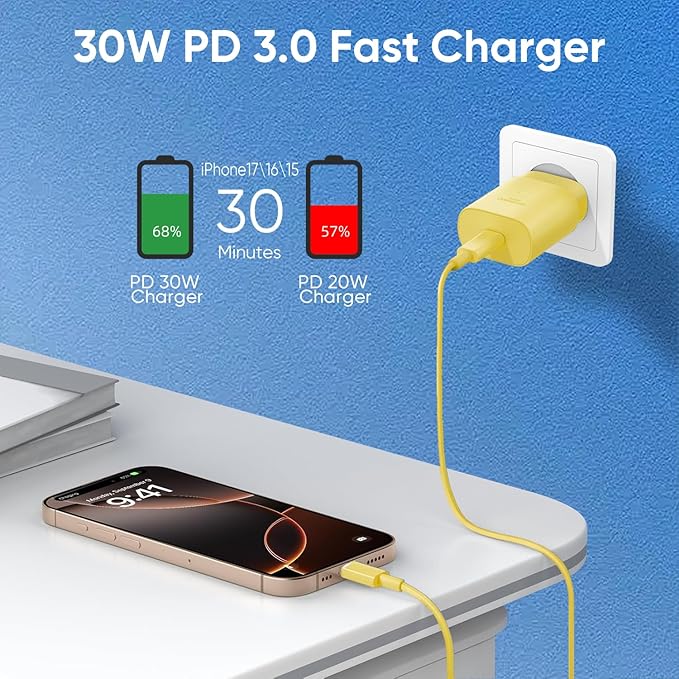 iPhone 16 15 Charger Fast Charging, 30W USB C Charger Block 10FT Cable for iPhone 15 16 Plus Pro Max/iPad Pro/AirPods, PD USBC Power Adapter Wall Plug with Extra Long Type C to C Cord (Yellow, 10FT)