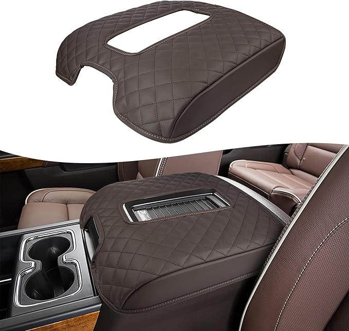 KBH Center Console Armrest Cover for Chevy Silverado, GMC Sierra 1500 2500 3500 2014-2018 & Tahoe Yukon Suburban 2015-2020, Floor Console Bucket Seat, Vinyl Leather, Dark Brown