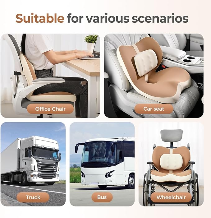 FLORICH 2 in1 Truck Seat Cushion and Lumbar Support Pillow Memory Foam Car Seat Cushion with Adjustable Strap for Truck Driver Long Drives, Fits Semi Truck Seat,Car,Office&Gaming Chair(Brown)