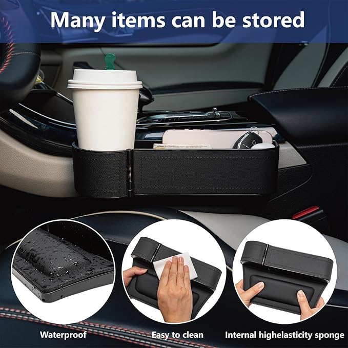 Car Seat Gap Filler Organizer,2 Pack Car Leather Cup Holder Gap Bag,Car Seat Storage Box with Cup Holder Expander,Car Organizer Front Seat for Holding Phone, Glasses, Keys, Cards (Black)