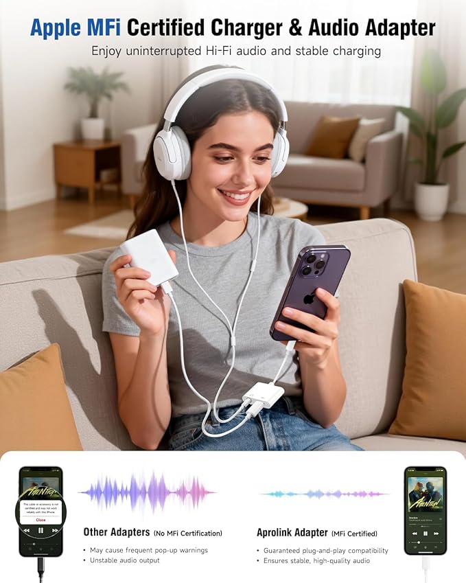 Apple MFi Certified 2-in-1 Lightning to 3.5mm Headphone Jack Adapter,Fast Charger&Aux Audio Splitter Dongle for iPhone-Car AUX,Home,Gym,Travel,Compatible with iPhone 14/13/12/11/XR/X/8/7,2Pack,White