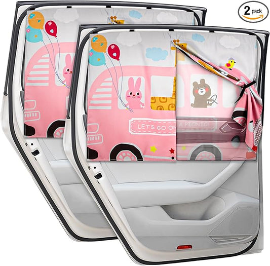 Car Window Shades, 2pcs Magnetic Car Curtains for Side Windows Privacy Full Covers/Half Shade Options, Cute Cartoon Auto Sunshades for Baby Protection Pink