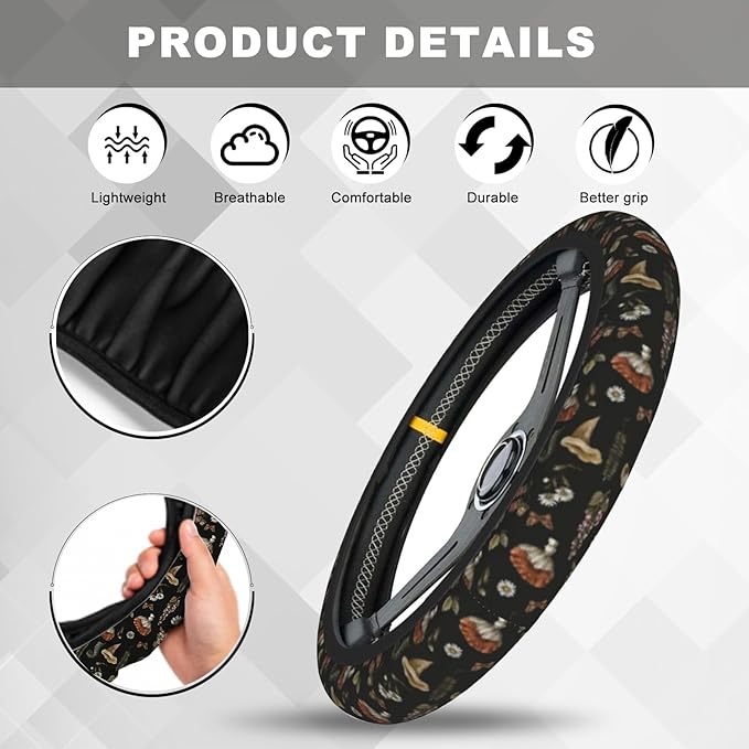 Black Mushrooms Steering Wheel Cover, Cute Funny Anti-Slip Breathable Car Accessories Interior Elastic Steering Wheel Cover for Men Women Fit Auto, SUV Vans Truck Universal 14.5-15 Inch