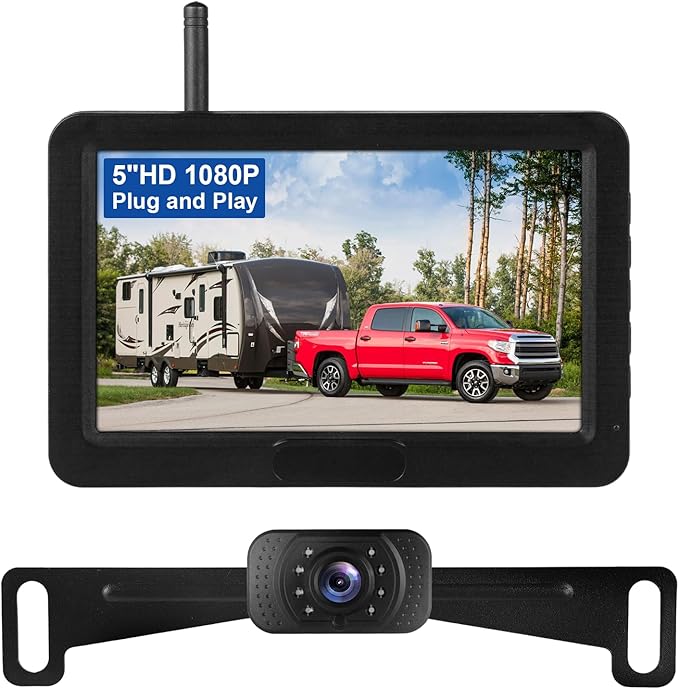 Wireless Backup Camera Kit for Trucks, 5 Inch 1080P HD Image,IP69 Waterproof, Color Night Vision, Adjustable Parking Line, License Plate Reversing Camera for for Trucks Car, Small RV, Pickup
