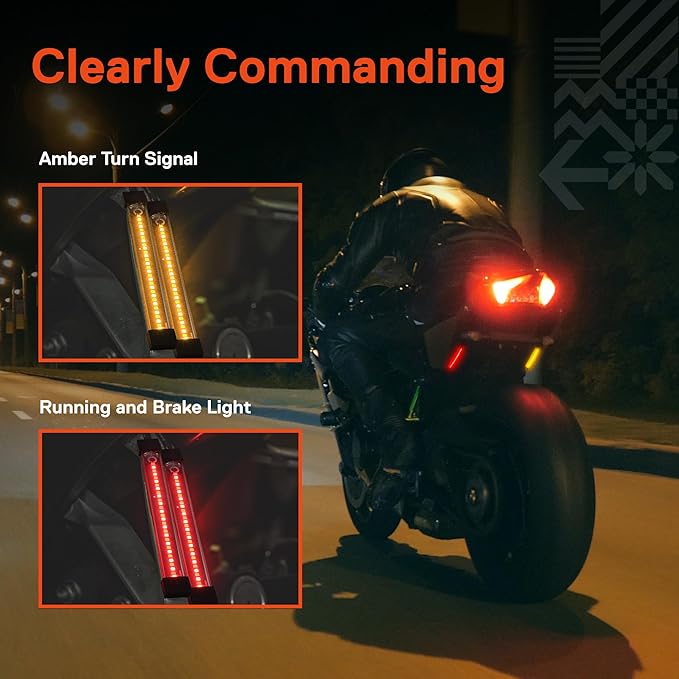 TRUE MODS 2pc 5" Rear LED Motorcycle Red Running Brake & Amber Turn Signal Tail Light Strip Kit for License Plate [Waterproof] Universal Self Adhesive Surface Mount Flexible Rear Lamp for Bike ATV UTV