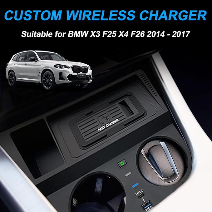 Wireless Car Charger Compatible with BMW X3/X4 F25/F26 2014-2017, Center Console Accessory Panel, 15W Qi Fast Charging with USB QC3.0 Ports
