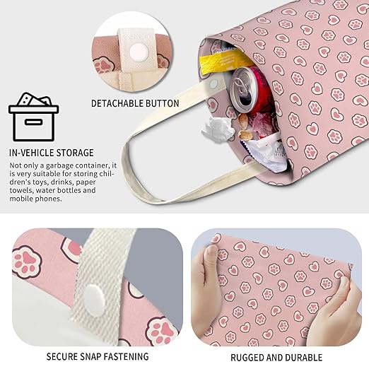 Cute Car Trash Can, Hanging Canvas Car Back Seat Organizer and Storage Bag, Funny Car Trash Bag For Travelling, Outdoor Cute Pink Heart Paw