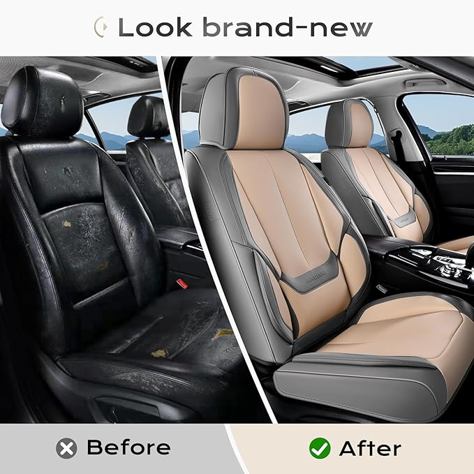 Coverado Seat Covers, Car Seat Covers Front Seats, Leather Seat Covers for Cars, Car Seat Protector Waterproof, Gray Car Seat Cushion, Front Carseat Cover Universal Fit for Most Cars Beige