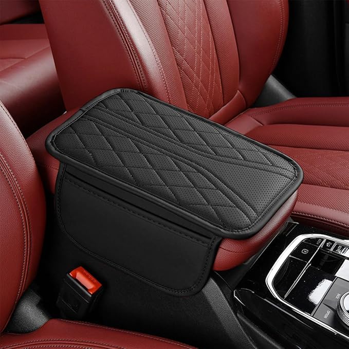 Car Center Console Cover, Leather Vehicle Armrest Box Pad with 2 Storage Bags, Automotive Interior Arm Rest Cushion Protector Accessories, Universal for SUV Sedan Truck (Black)