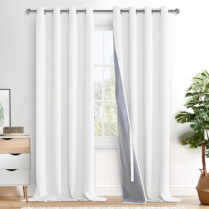 XWZO 100% Blackout Curtains 108 Inches Long with Tiebacks- Heat and Full Light Blocking, Thermal Insulated Window Panels with Grommets for Bedroom/Nursery, Ivory, W52 x L108, Set of 2 Draperies
