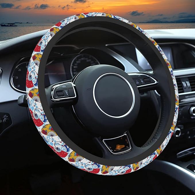 Yellow and Red Fan Steering Wheel Cover, Cute Print Steering Wheel Cover Protector, Ultra Thin Breathable Non-Slip, Car Accessories for Women, for Steering Wheel with a Diameter of 14.5"-15"