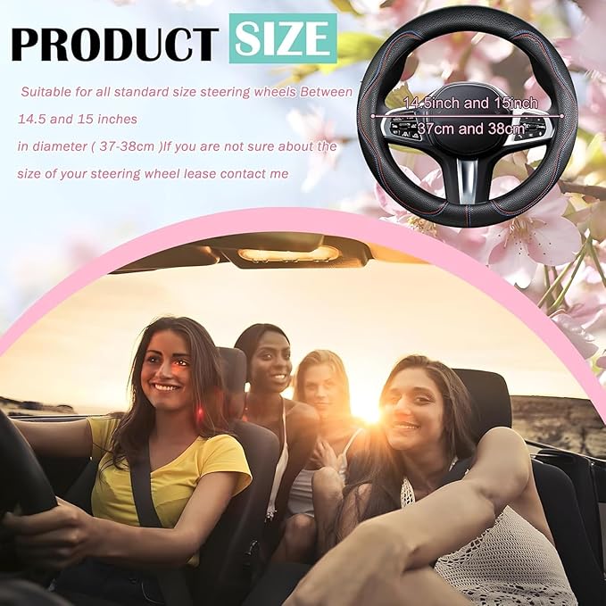 SuperKaKa Car Steering Wheel Cover 2025, Universal Auto PU Cute Breathable Slip-Proof Comfort Imitation Leather Protector Cars Interior Accessories for Women Men Fit Most Vehicle (Black)