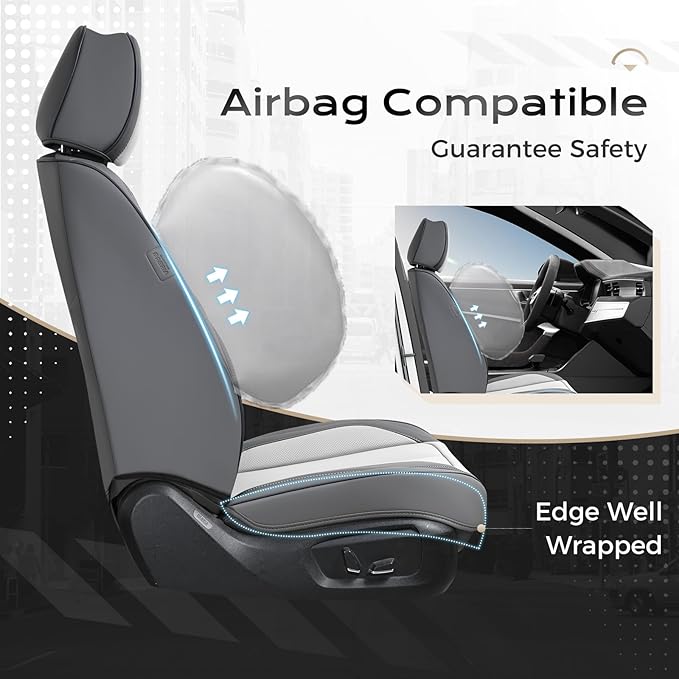 Coverado Seat Covers, Car Seat Covers Front Seats, Leather Seat Covers for Cars, Car Seat Protector Waterproof, Car Seat Cushion, Front Carseat Cover Universal Fit for Most Cars Gray-White