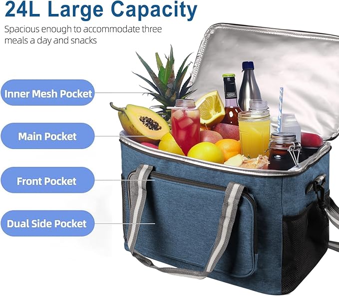 iknoe Large Cooler Bag Collapsible, 24L Insulated Bags, Leakproof Lunch Cooler Tote with Multi-Pockets for Adult Insulated Thermal Bag for Beach, Picnic, Office Work, Navy Blue 36-Can