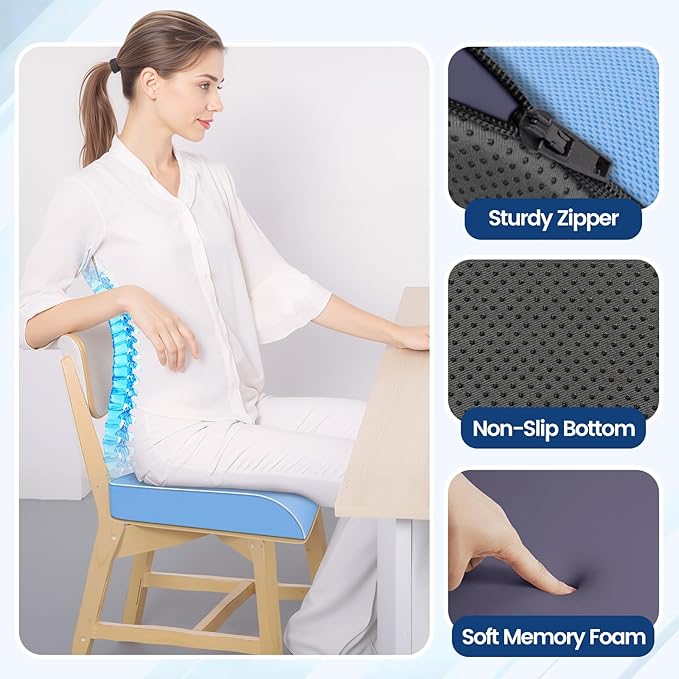 Seat Cushion for Tailbone Pain Relief, Office Chair Cushion, Memory Foam Large Chair Cushion with Non-Slip Cover for Soft Support at Office Chair, Car Seat, Airplane Light Blue/X-Large